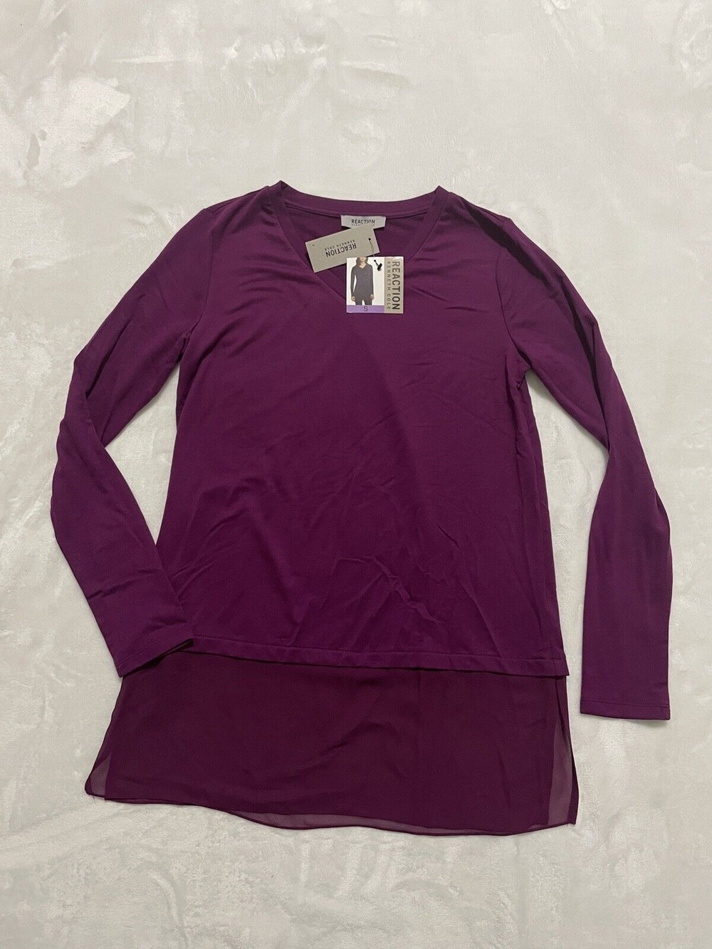 Reaction Kenneth Cole Chiffon Bottom V-Neck Tunic Small Dark Purple Top Shirt LS